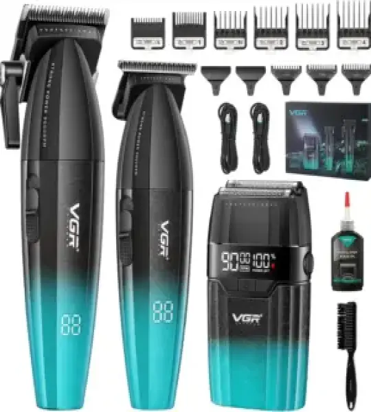طقم حلاقة احترافي VGR V-640 S3 ديجيتال 3 في 1 قابل للشحن (ماكينة + تريمر + شيفر)