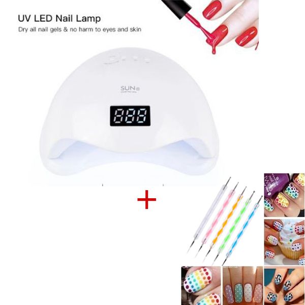 مجفف اظارف 48 وات + نقاطة مانكير 5 اقلام هدية - sun LED Nail Dryer UV Curing Lamps Light Auto Sensor Nail Gel Polish Dryer +Nail Dotting Pen - 5 Pcs