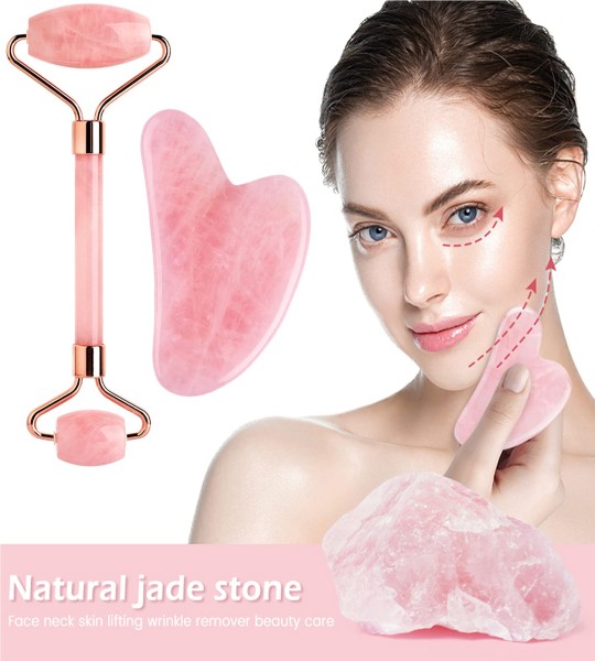 جاد رولر للوجه بالكوارتز لون بينك Jade roller quartz With Protective Box For Facial Skin Care