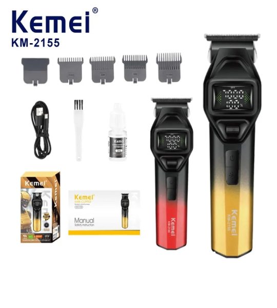 Kemei KM-2155 ماكينة حلاقة وتشذيب كهربائية لاسلكية لتشذيب الشعر واللحية والتحديد ورسم الخطوط بدقة