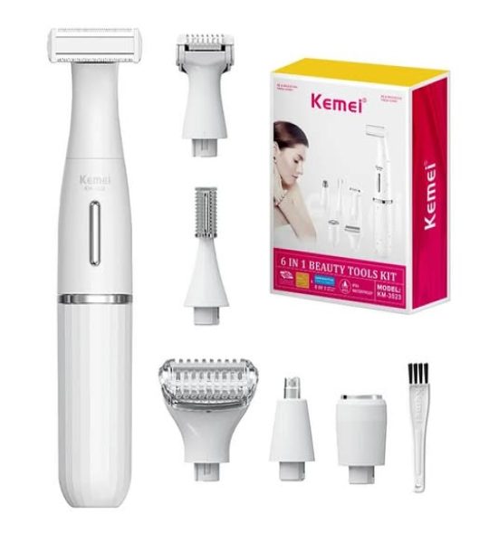 Kemei KM-3523 مجموعة حلاقة وتشذيب كهربائية متعددة الرؤوس لإزالة الشعر وحلاقة وتشذيب الوجه والجسم للاستخدام الرطب أو الجاف
