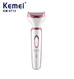 Kemei KM-6713 ماكينة حلاقة وإزالة شعر نسائية 4 في 1 لإزالة شعر الوجه والجسم والعناية الشخصية باستخدام رؤوس قابلة للتبديل