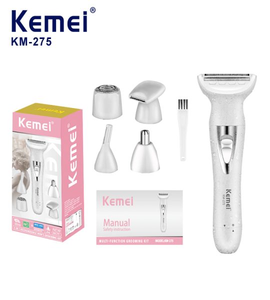 Kemei KM-6713 ماكينة حلاقة وإزالة شعر نسائية 4 في 1 لإزالة شعر الوجه والجسم والعناية الشخصية باستخدام رؤوس قابلة للتبديل
