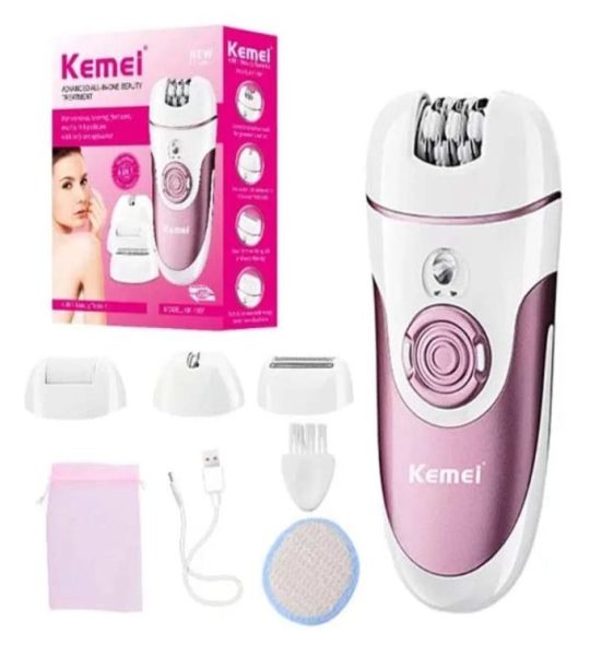 Kemei KM-1307 ماكينة إزالة شعر نسائية 4 في 1 لإزالة شعر الجسم والوجه والعناية بالقدمين باستخدام رؤوس قابلة للتبديل