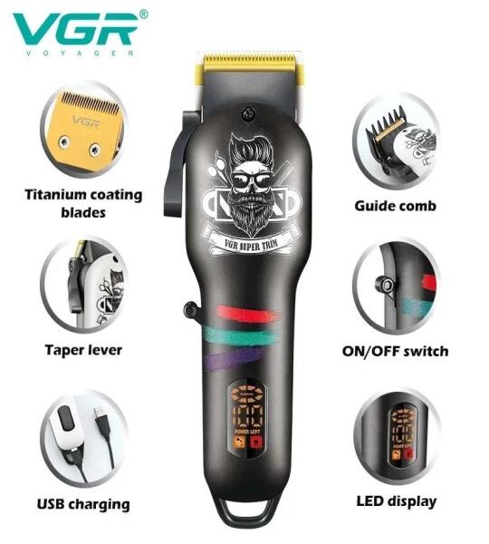 VGR ماكينة قص الشعر شاشة LED شحن USB V-699+V-971